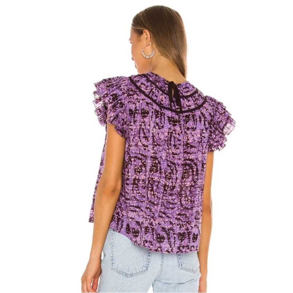 ULLA JOHNSON Amai Blouse Purple Batik Top Size 4 Small Flutter Sleeve Boxy - Picture 3 of 11